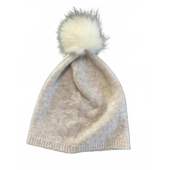 Tahari Cashmere Grey Beanie with Fluffy White Pom Pom